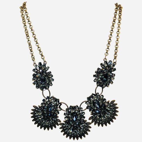 Vintage Women’s 2 Tier Gray Rhinestone Flower Brass Tone Statement Necklace 22” - Picture 1 of 8